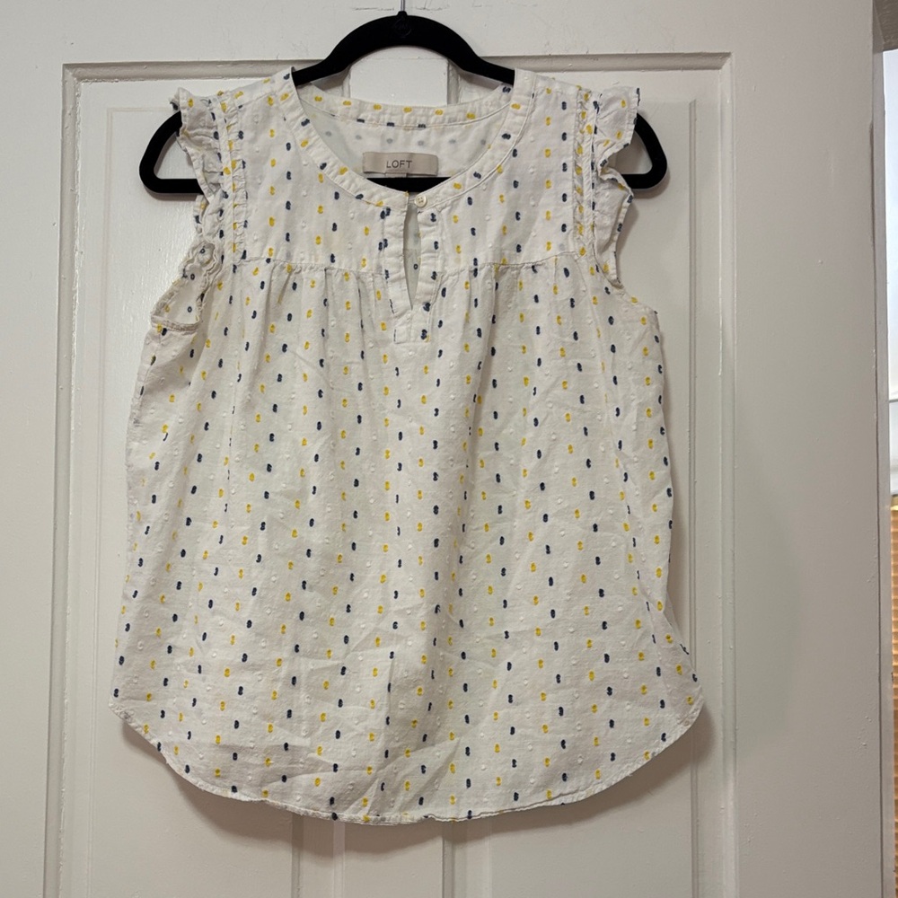 LOFT Ivory Blouse with Navy and Mustard Accents